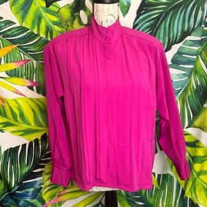Vintage Yves St. Clair 8P Hot Pink Pleated Button Down Long Sleeve Office Blouse